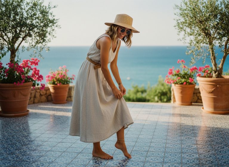 Femme élégante en robe d'été en lin sur terrasse ensoleillée