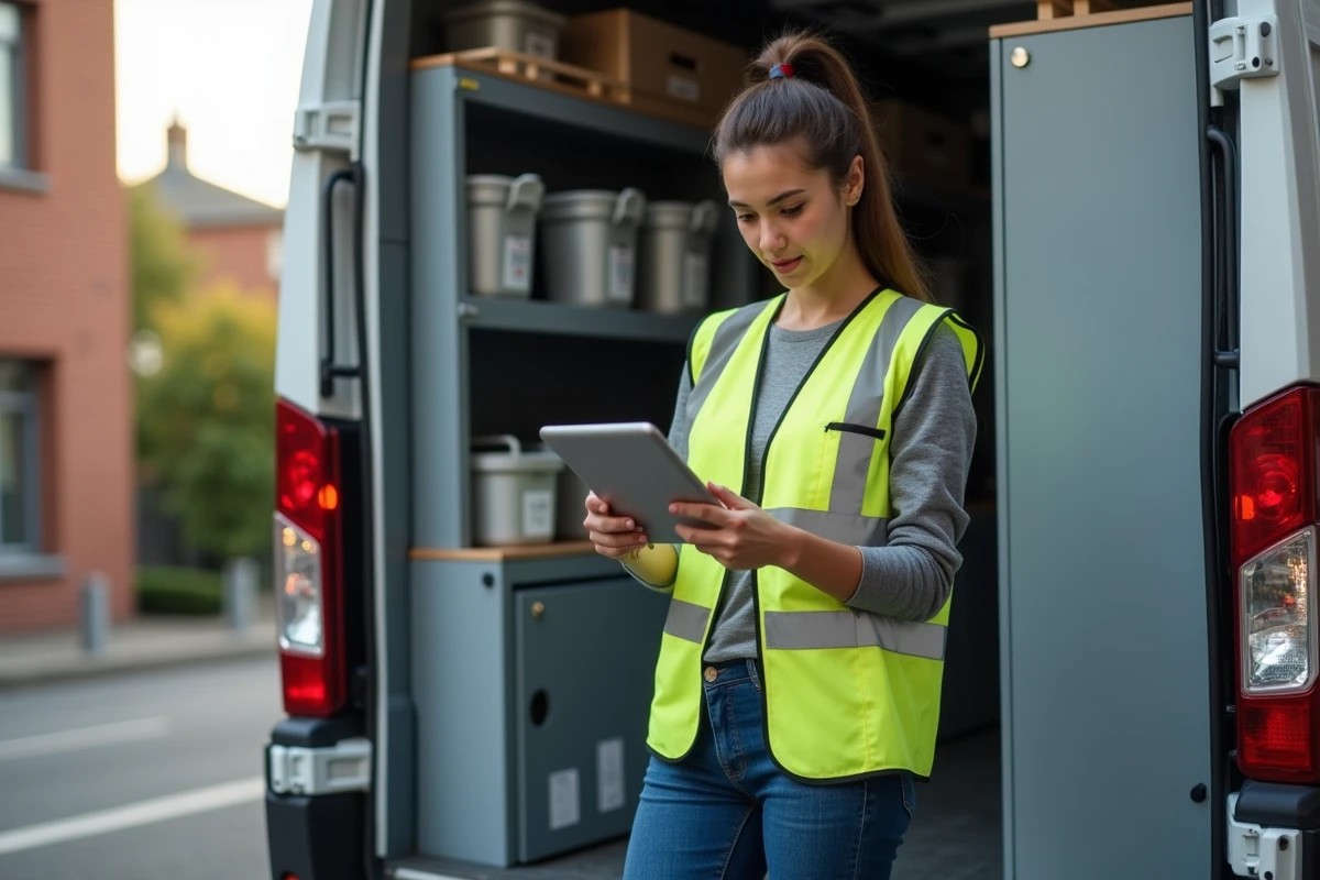 Jeune femme en gilet haute visibilité vérifiant une tablette dans un van