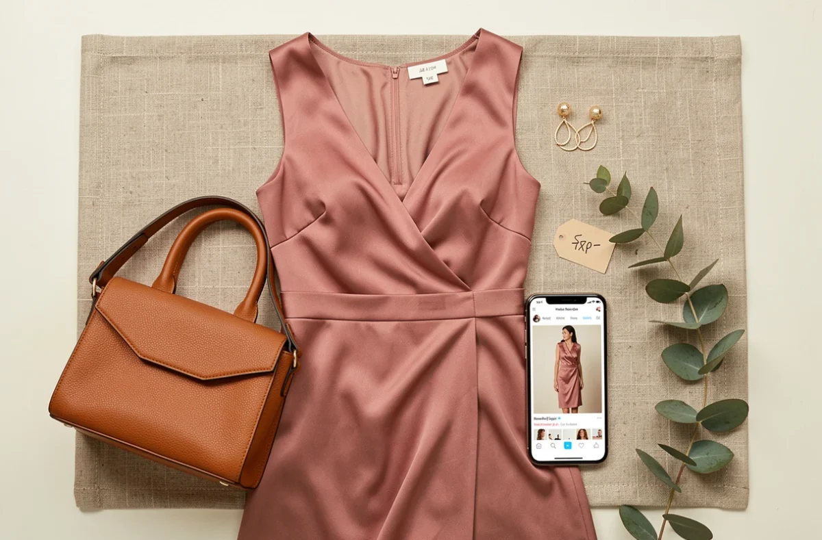 Flat lay élégant de vêtements et accessoires féminins de la boutique en ligne Renée Fashion sur fond en lin