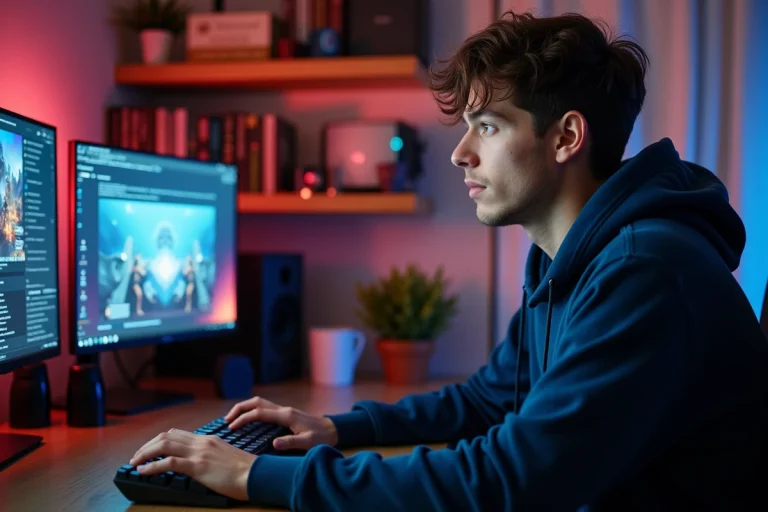 Jeune gamer adulte devant deux écrans affichant des plateformes de gaming et des communautés en ligne dans un bureau moderne