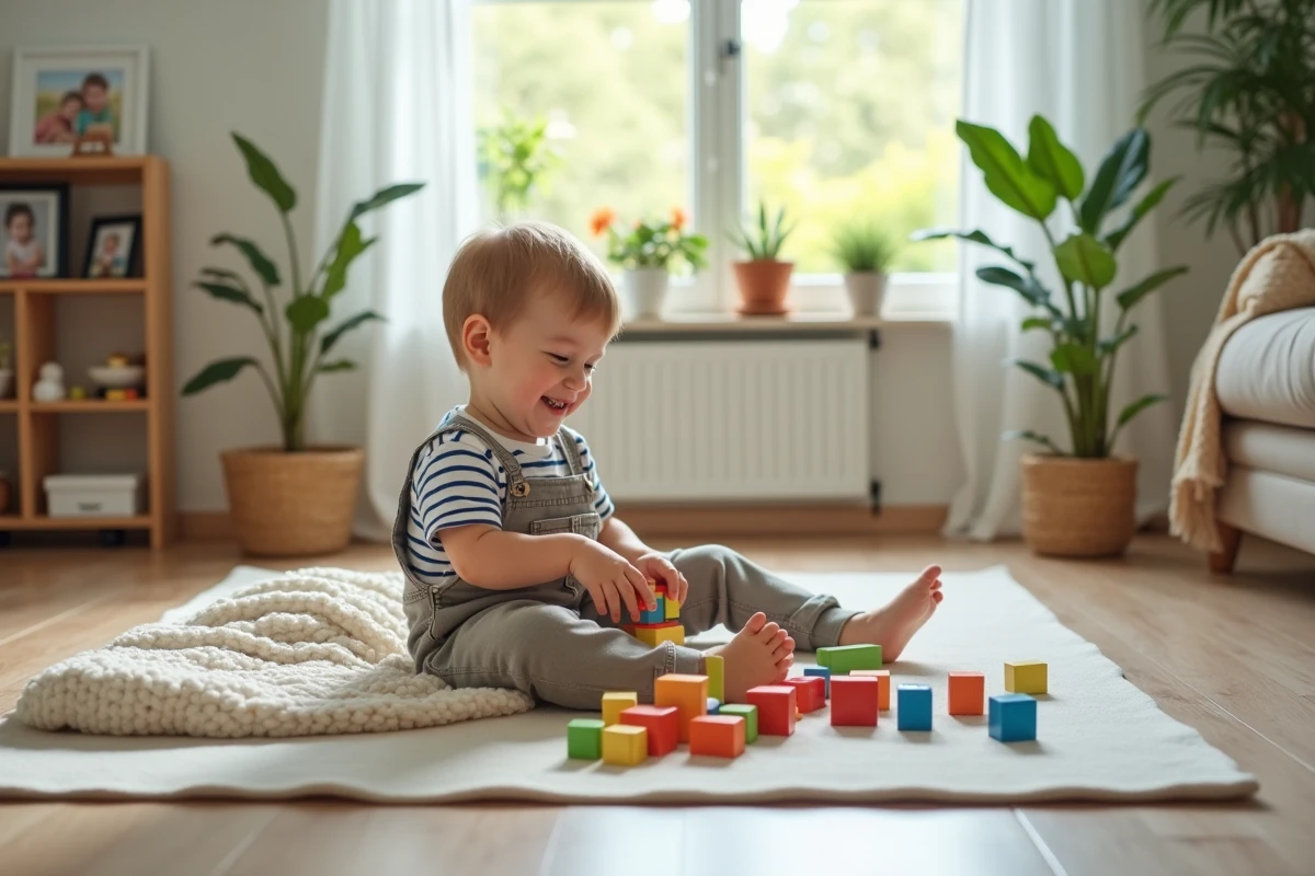 Garçon jouant avec des blocs en bois dans le salon lumineux