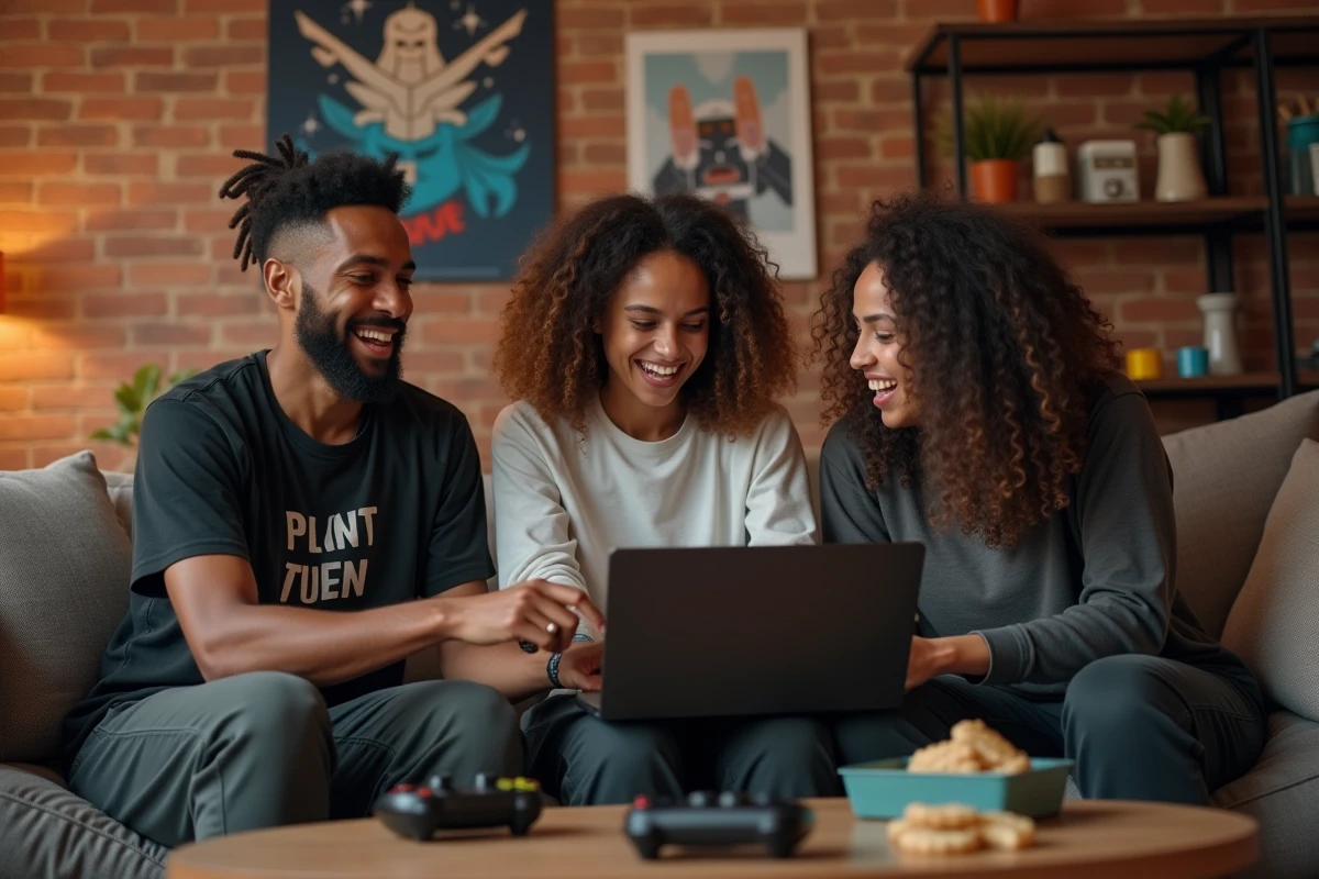 Groupe de jeunes adultes réunis autour d'un ordinateur portable explorant des alternatives de communautés gaming en ligne dans un salon