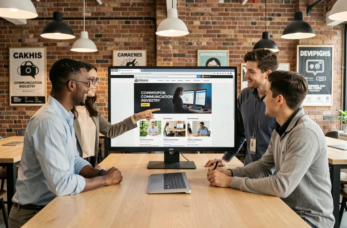 Groupe de professionnels analysant l'actualité des médias et de la communication sur un écran dans un espace de coworking
