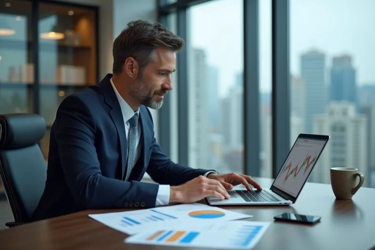 Homme d'affaires analysant des graphiques financiers dans un bureau moderne pour optimiser ses investissements en 2024