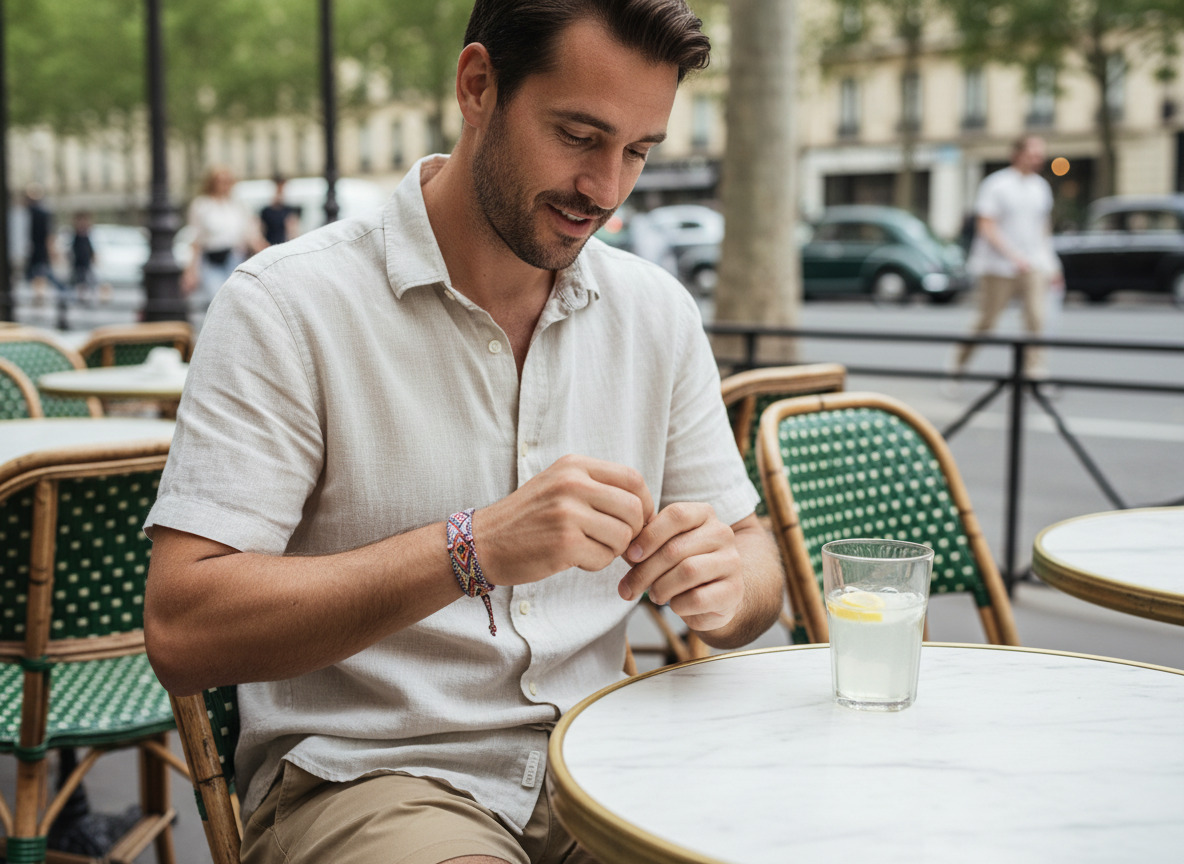 Homme au café parisien ajustant un bracelet coloré
