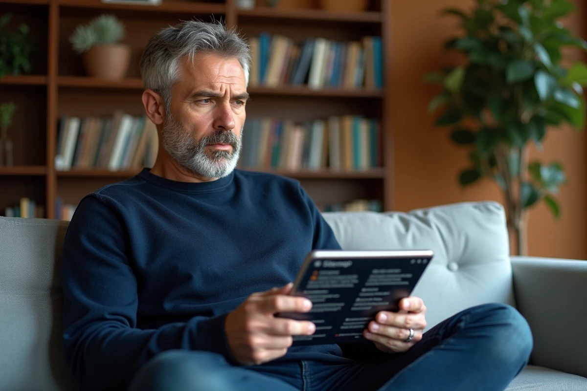 Homme consultant un plan de site sur tablette dans un bureau à domicile contemporain