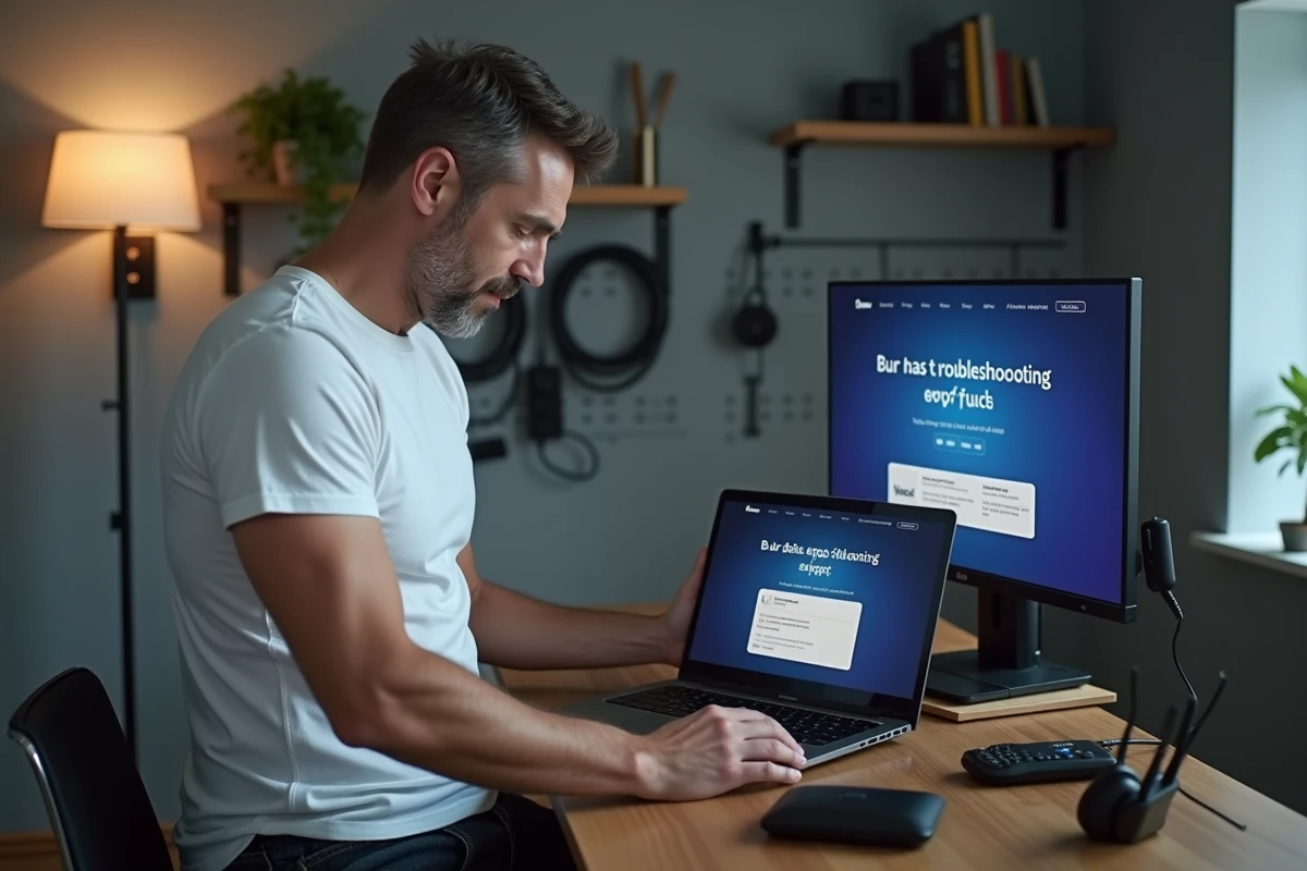 Homme en home office consultant une page de dépannage Disney Plus sur son ordinateur portable avec un routeur en main