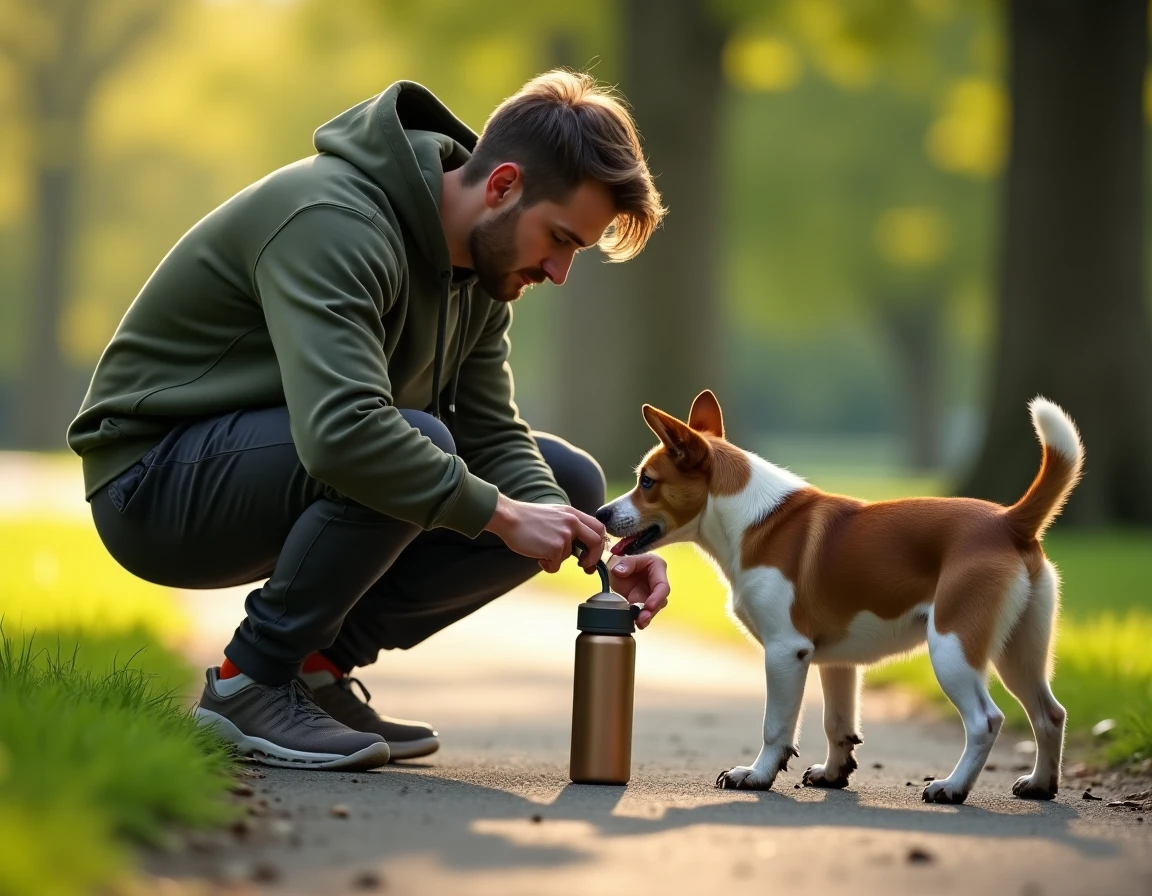 Homem dando água ao seu pequeno terrier durante um passeio em um parque verdejante