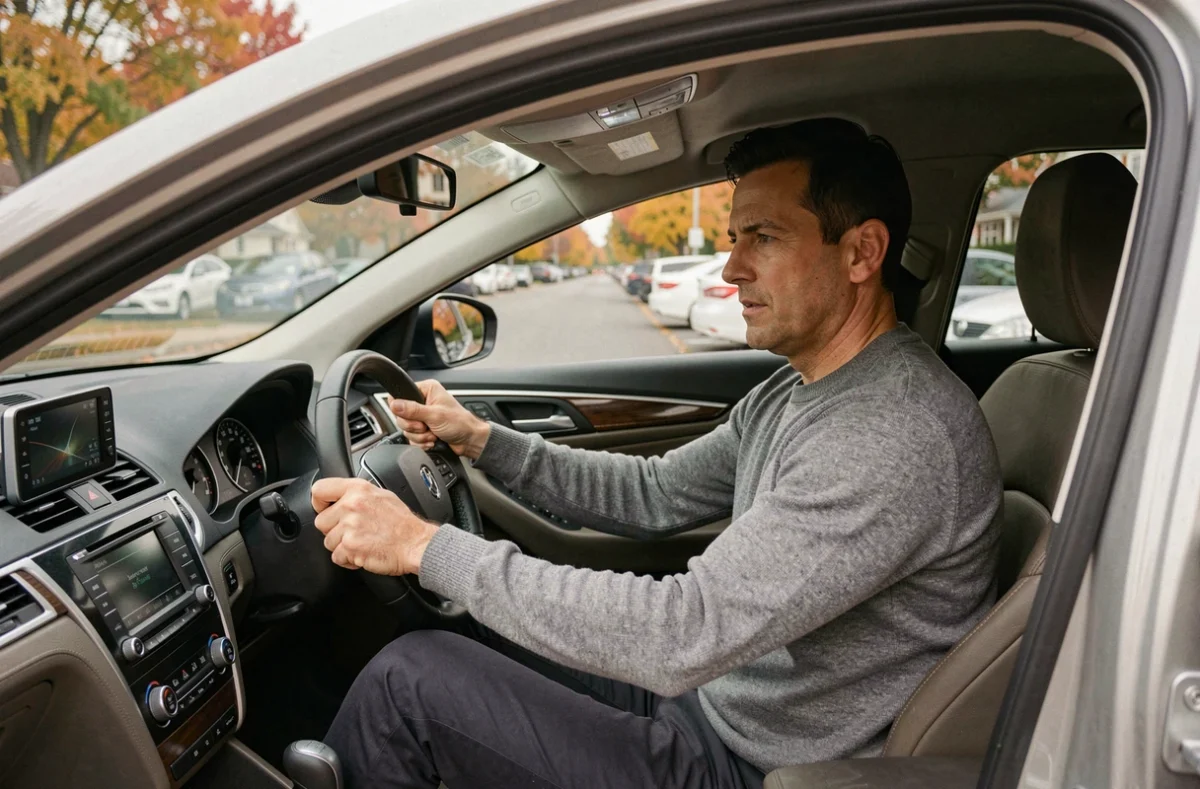 Un homme effectuant un essai routier au volant d'une berline familiale, test de conduite pour choisir sa prochaine voiture