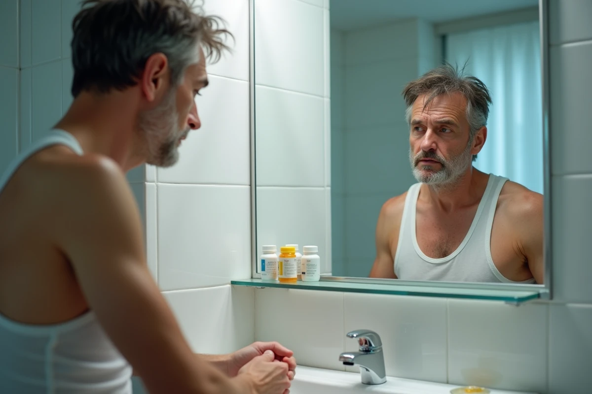Homme fatigué se regardant dans le miroir avec des cernes prononcés, signe physique d'épuisement professionnel