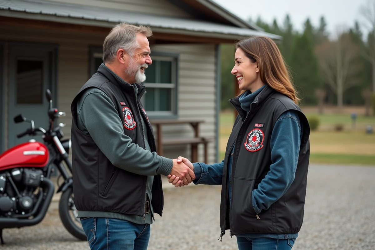 Homme et femme serrant la main devant une moto rouge
