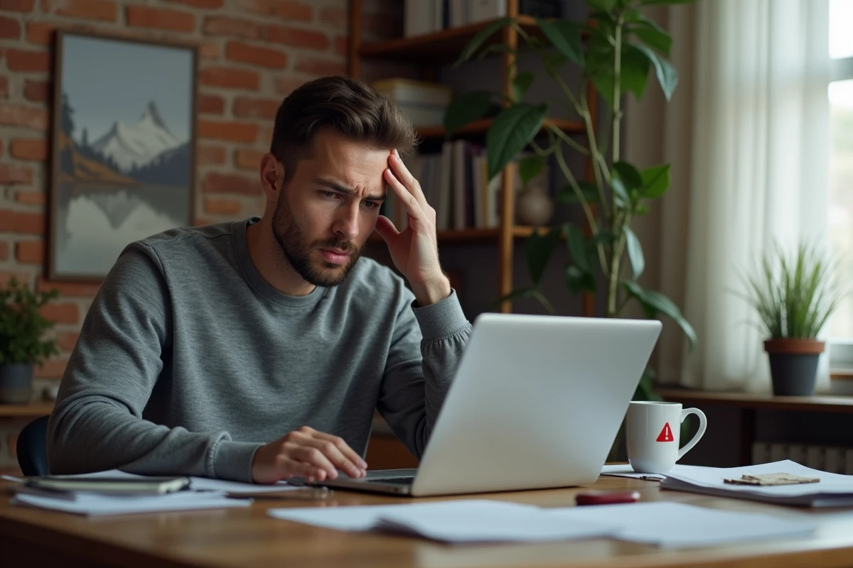 Homme frustré devant un écran d'ordinateur affichant une page d'erreur, illustrant un problème d'accès à un site web
