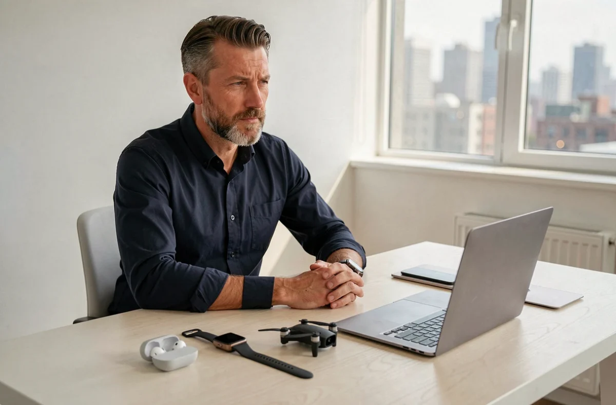 Homme entouré de gadgets high-tech récents incluant montre connectée, drone et écouteurs sans fil sur un bureau épuré