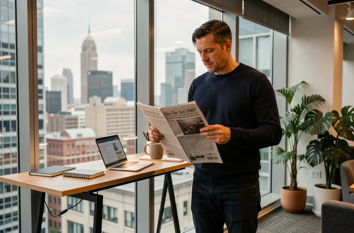 Homme lisant un journal dans une agence de communication avec vue sur la ville
