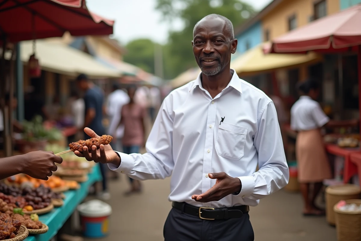Homme malgache dans un marché en plein air refuse une brochette