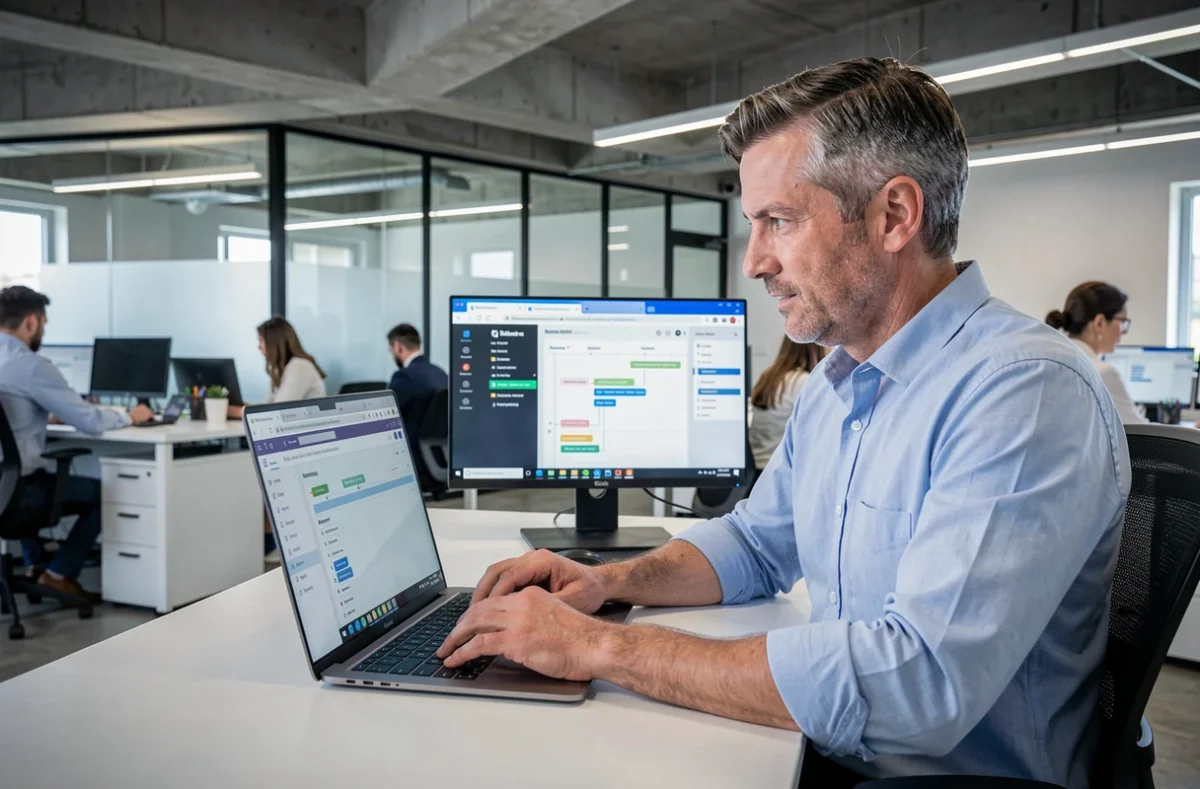 Homme en open space utilisant des outils bureautiques en ligne sur laptop et double écran