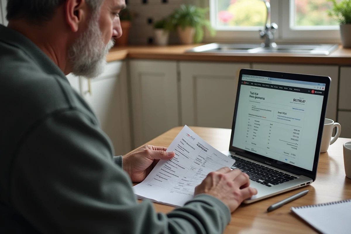 Homme comparant un montant prérempli sur sa déclaration fiscale en ligne avec ses documents papier