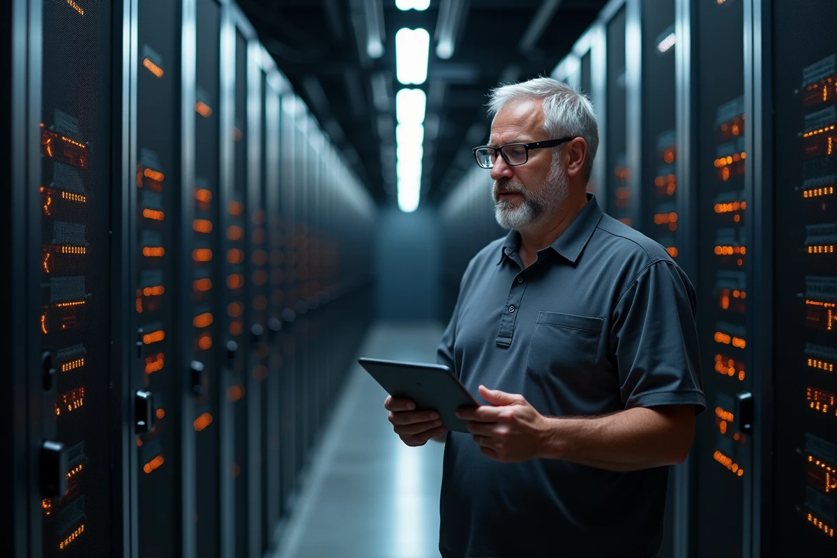 Ingénieur systèmes Transtec inspectant une infrastructure serveur en datacenter pour des solutions informatiques d'entreprise