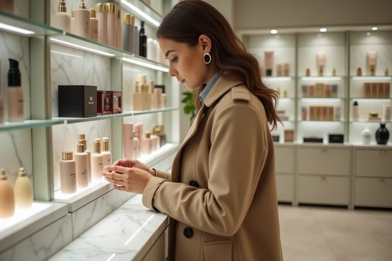 Jeune femme élégante examine produits de luxe dans une boutique de beauté