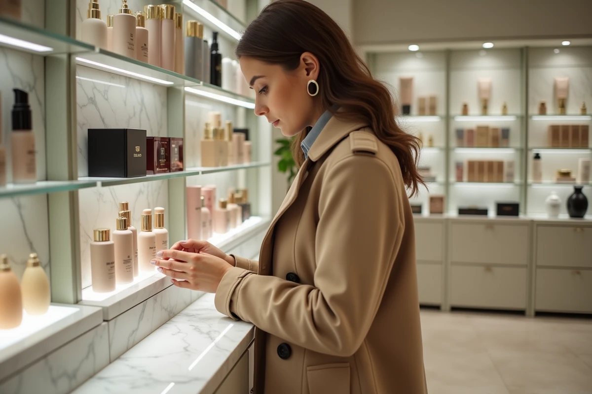 Jeune femme élégante examine produits de luxe dans une boutique de beauté