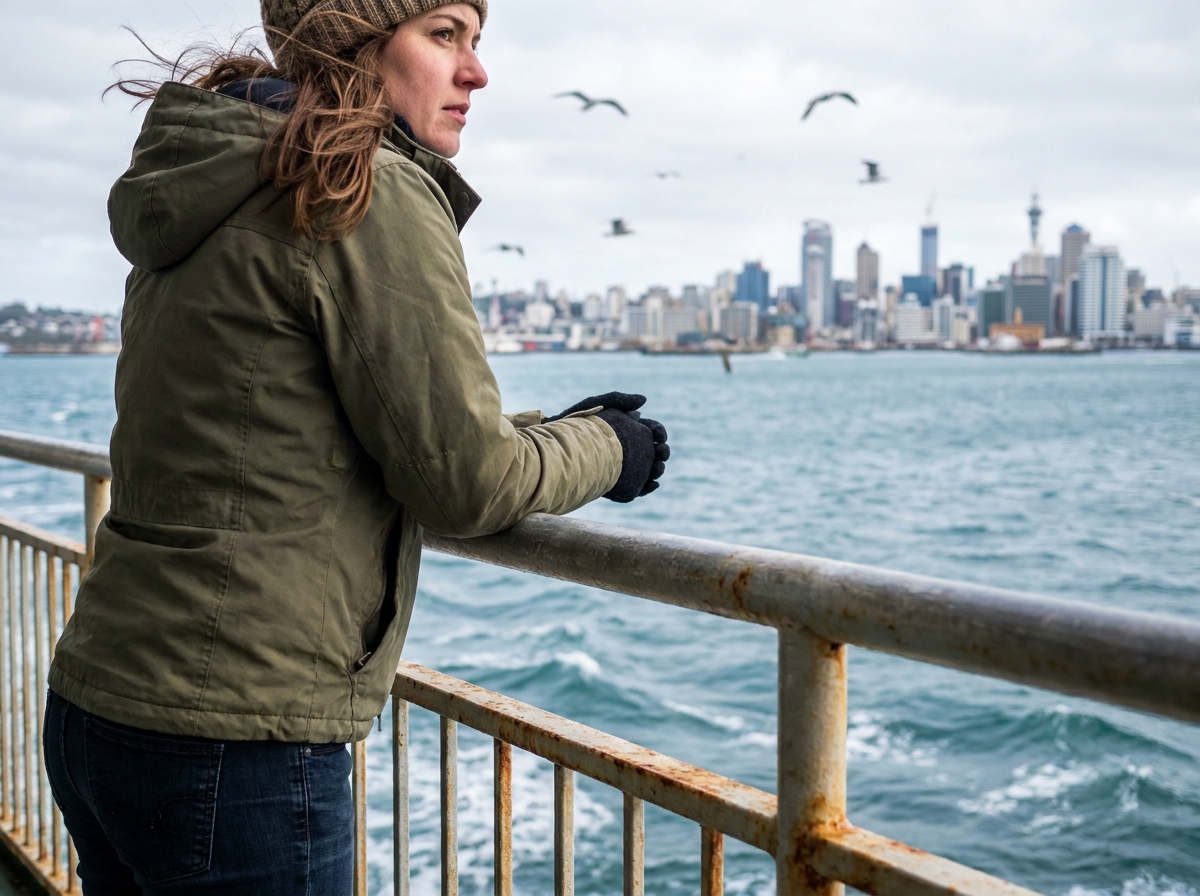 Jeune femme en veste olive regardant la côte depuis un ferry