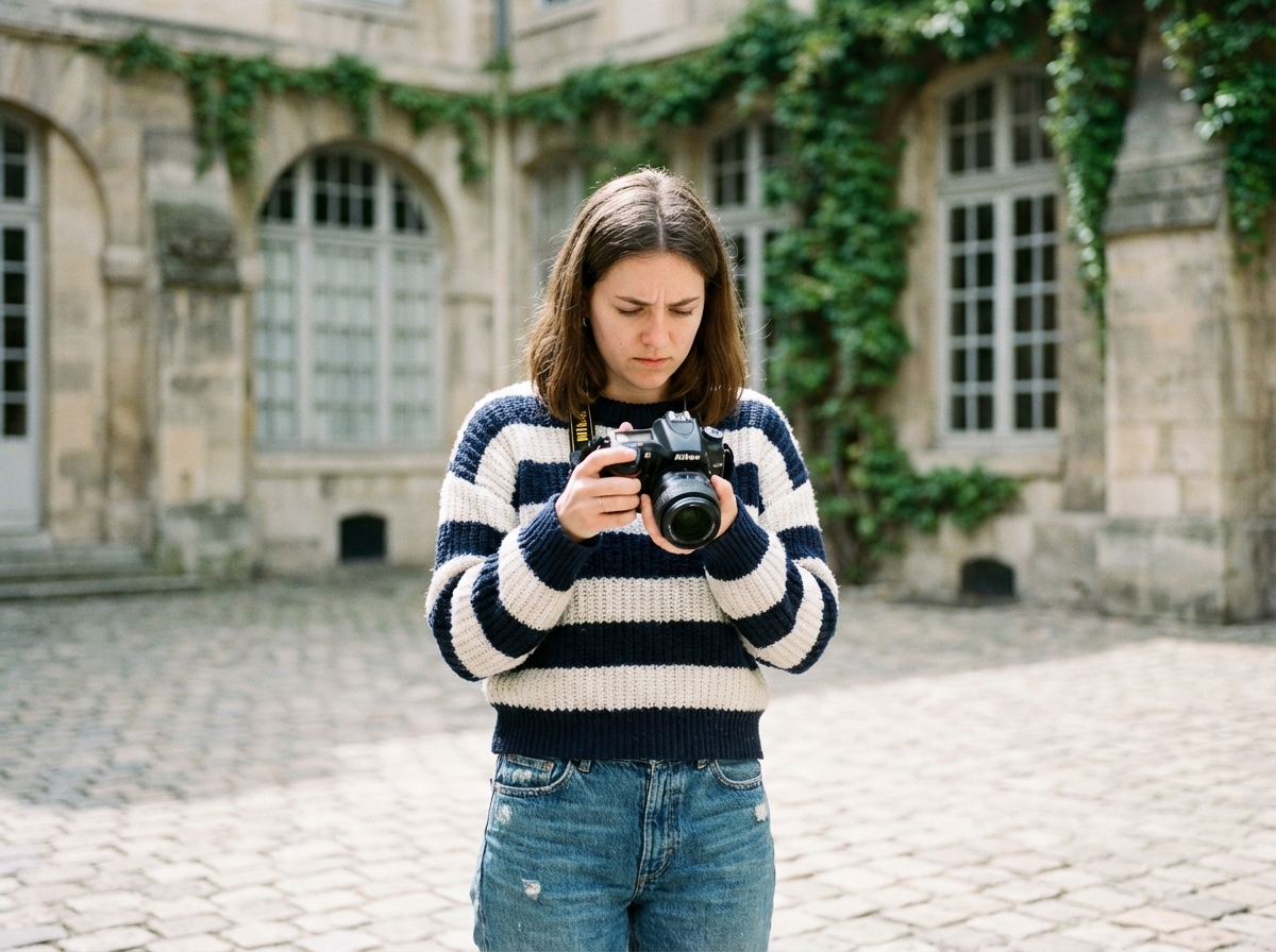 Jeune femme en extérieur avec appareil photo à Paris