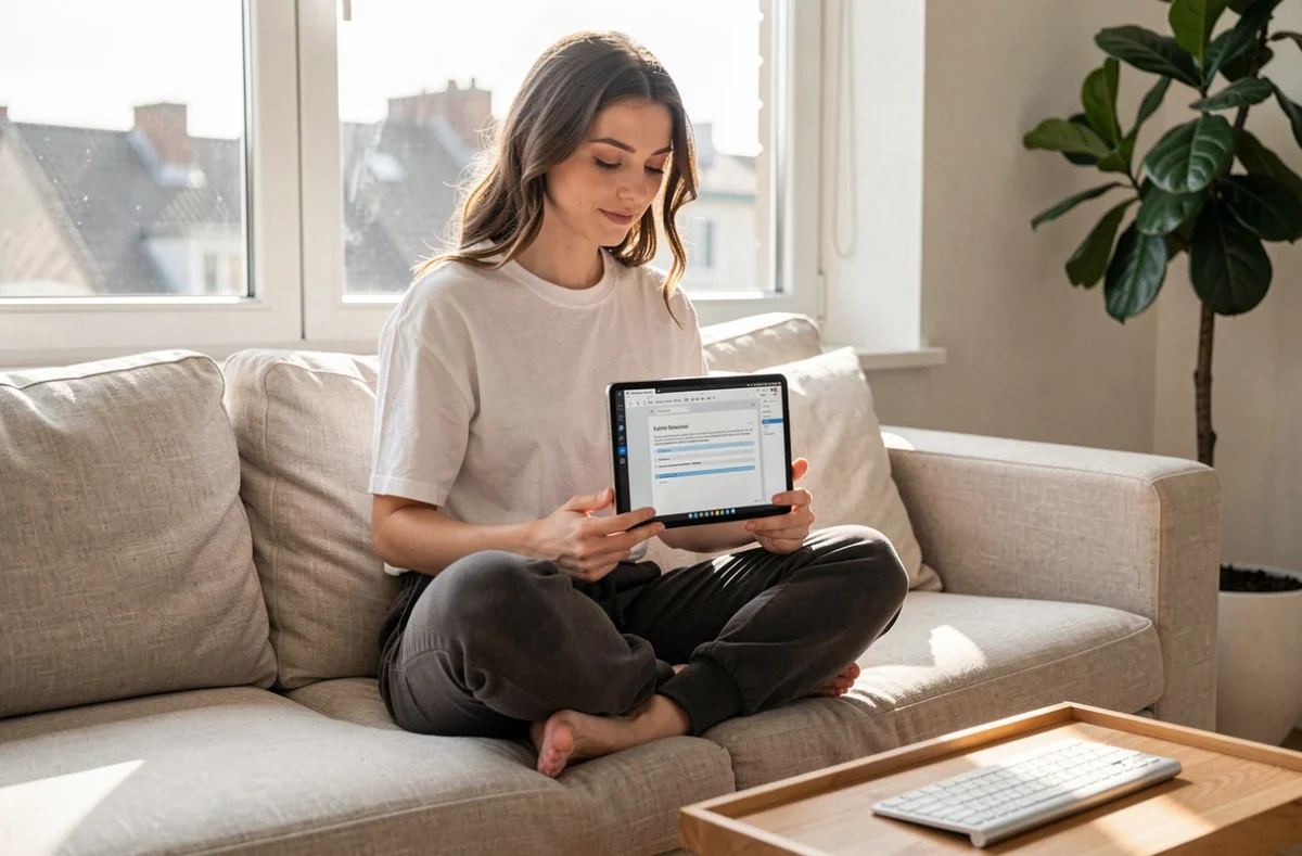 Jeune femme utilisant une tablette pour accéder à des ressources bureautiques en ligne depuis son salon