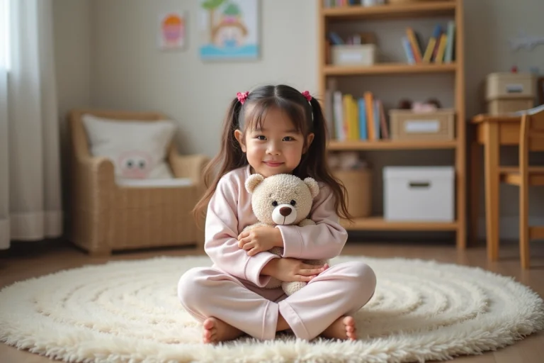 Jeune fille en pyjama pastel avec doudou dans sa chambre