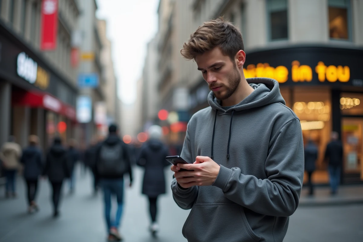 Jeune homme regardant son smartphone en ville