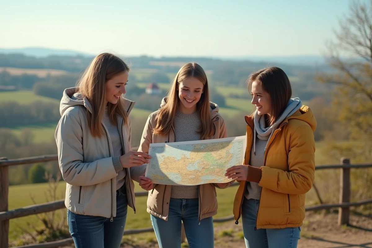 Adolescents regardant la campagne française depuis un point de vue