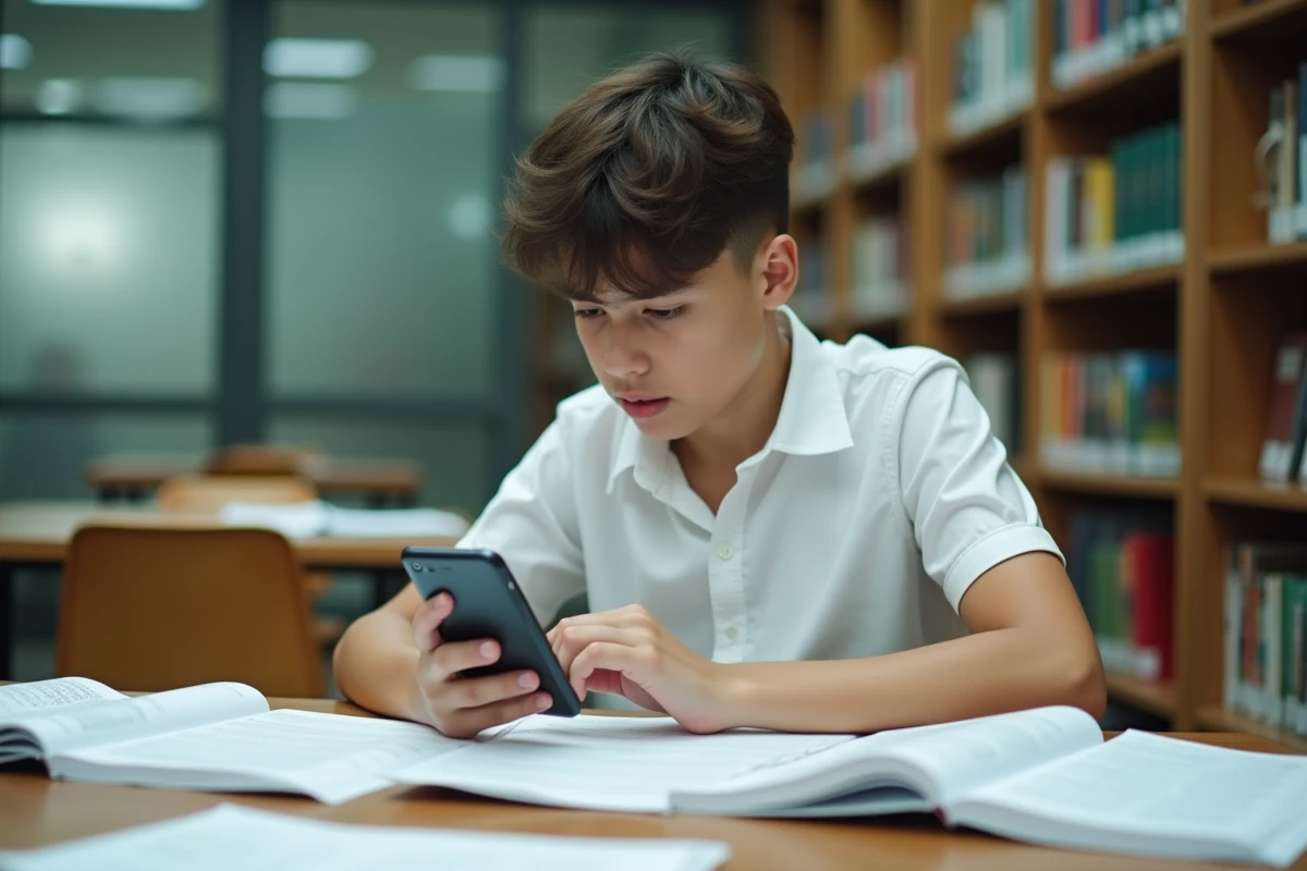 Lycéen consultant un calculateur de moyenne Bac sur smartphone entouré de livres dans une bibliothèque scolaire