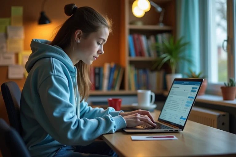 Lycéenne utilisant un outil en ligne pour calculer sa moyenne au Bac 2026 sur un ordinateur portable dans sa chambre