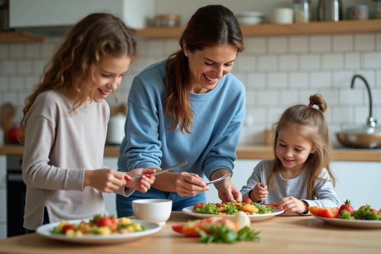 Maman souriante préparant un repas familial dans la cuisine
