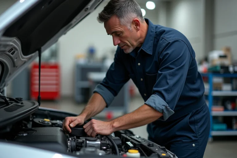 Mécanicien en overalls revisant un moteur de voiture moderne