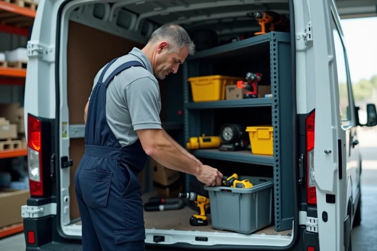 Ouvrier arrangeant outils dans un van blanc professionnel
