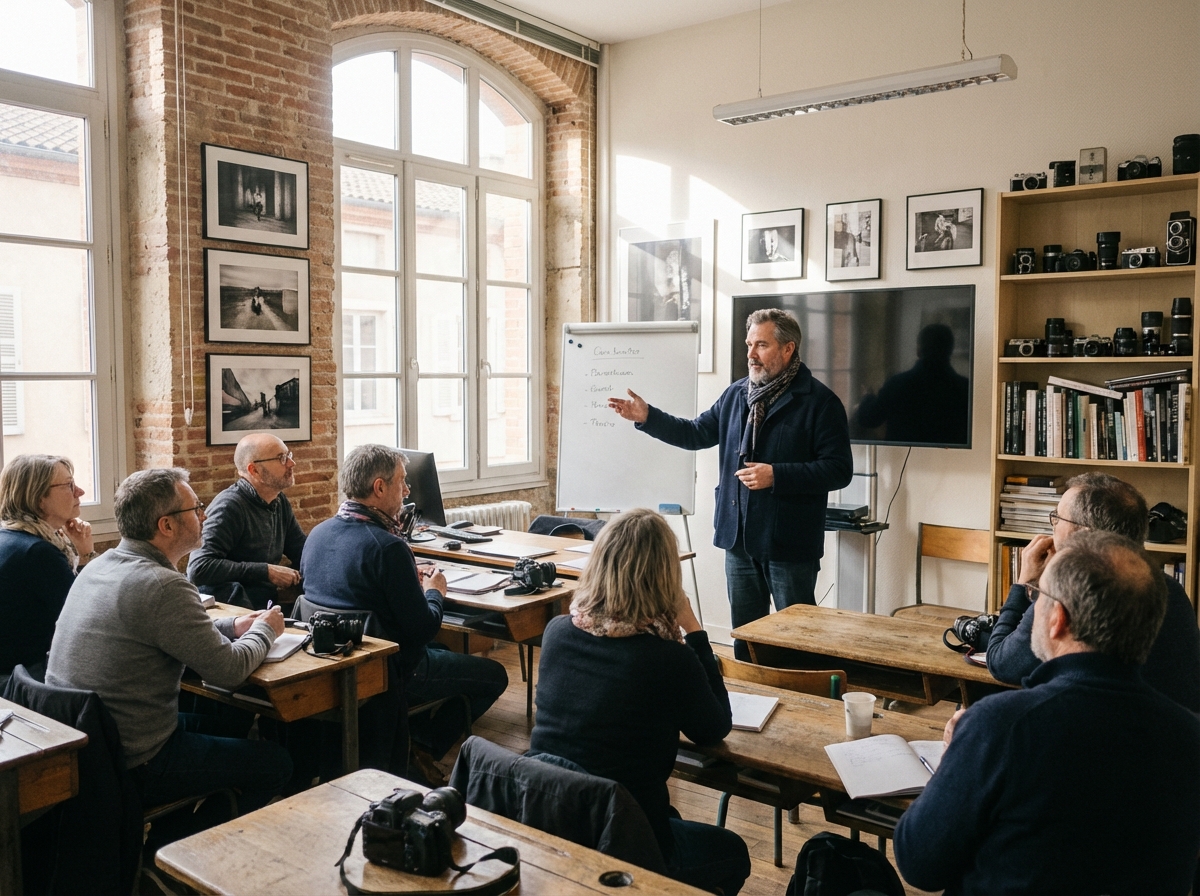 Photographe enseignant guidant ses étudiants en classe
