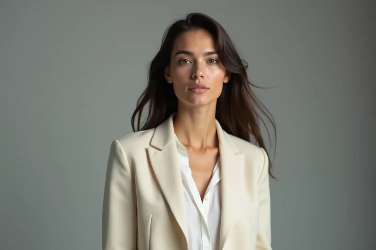 Portrait éditorial d'une actrice et mannequin française aux cheveux bruns dans un studio parisien avec blazer crème