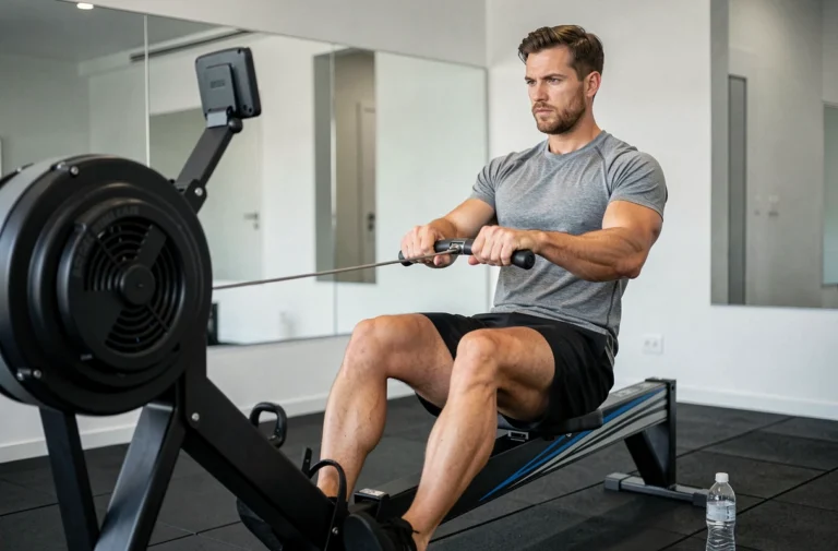 Homme utilisant un rameur hydraulique dans une salle de sport moderne à domicile