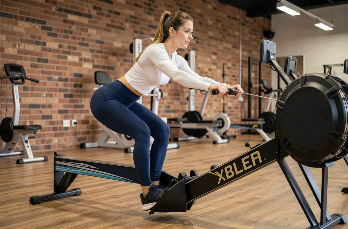 Femme s'entraînant sur un rameur à résistance par eau dans un studio de fitness professionnel