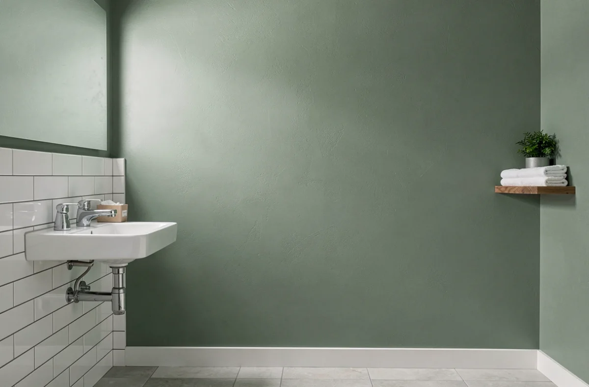 Résultat final d'une peinture Luxens vert sauge appliquée sur les murs d'une salle de bain rénovée avec finition satinée et carrelage blanc