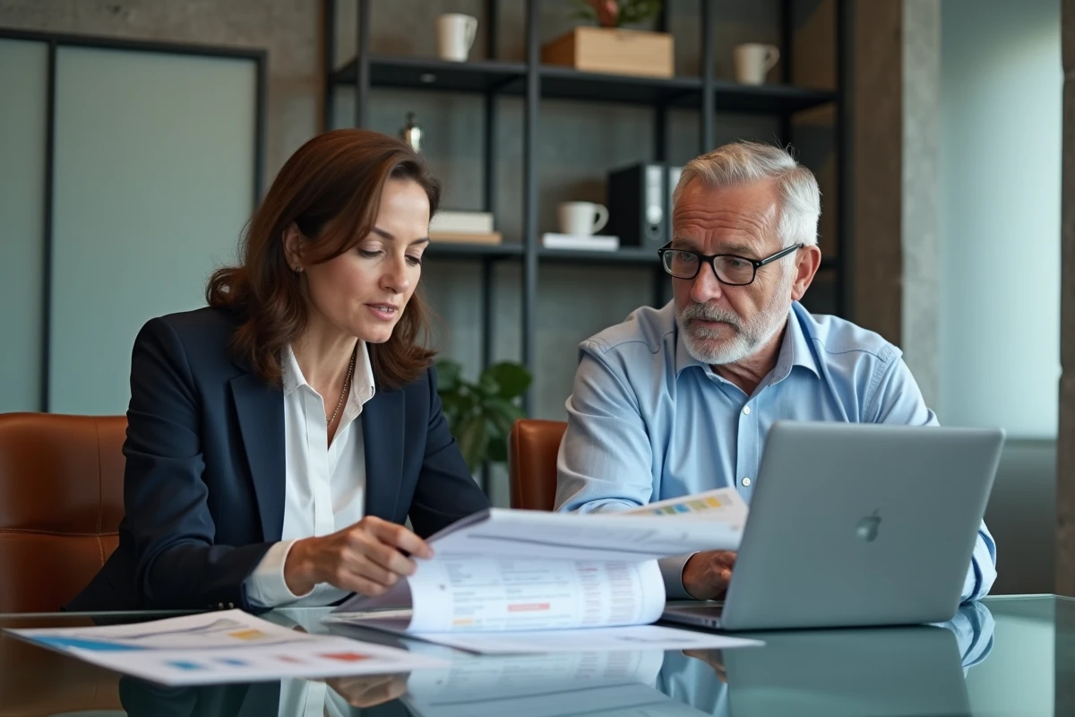 Deux professionnels en réunion analysant des rapports d'investissement et stratégies patrimoniales dans un espace coworking