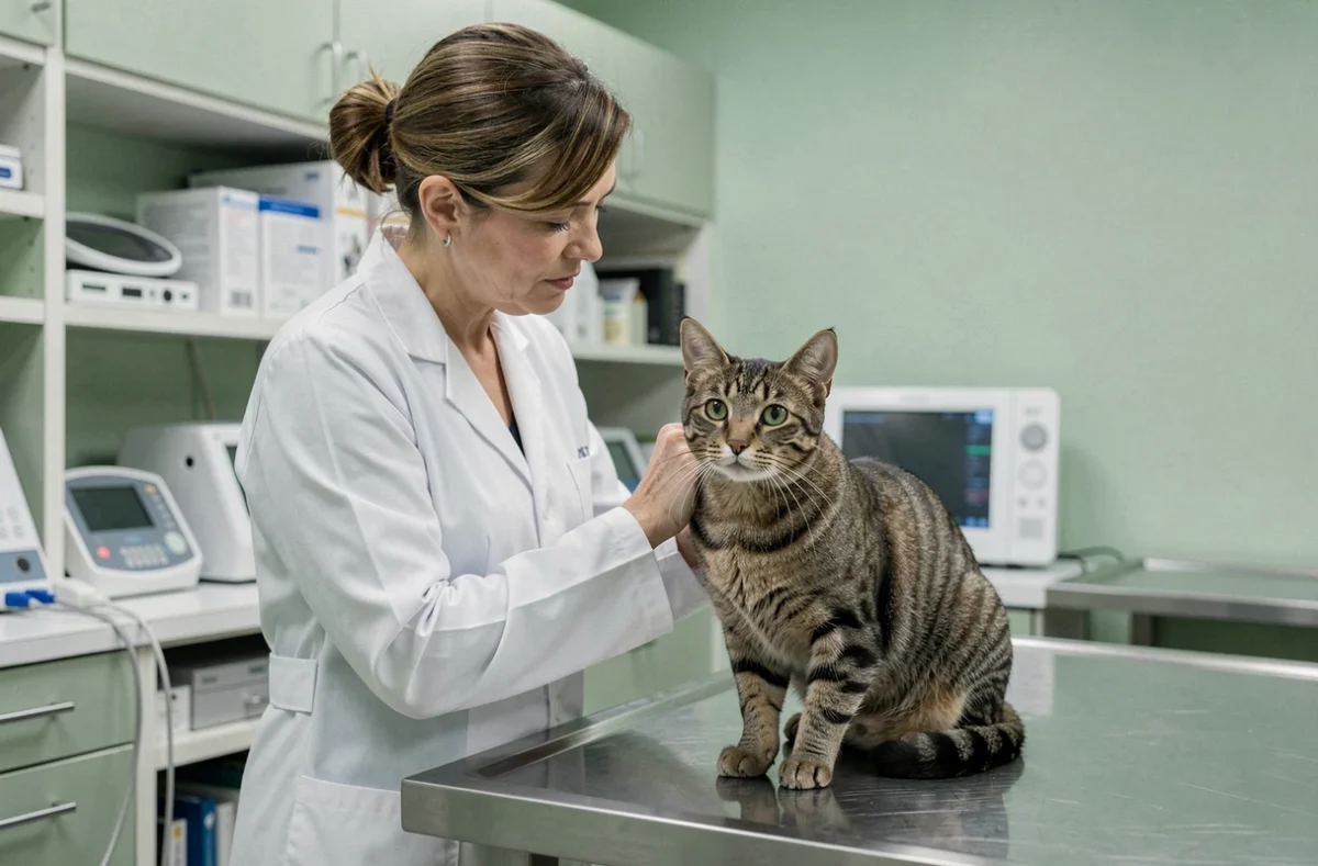 Veterinário examinando um gato tigrado em uma mesa de exame em uma clínica veterinária moderna